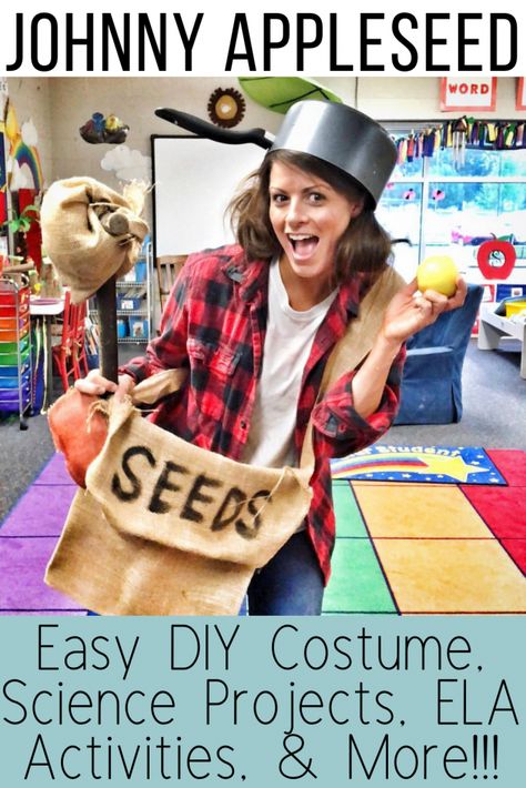 This Johnny Appleseed unit is packed with ways to celebrate this amazing man while keeping your students engaged! Your kids will love the apple volcano, easy crafts, math activities, and more that are perfect for preschool, kindergarten, and first grade students. #johnnyappleseed #scienceforkids #kindergarten #preschool #firstgrade Diy Johnny Appleseed Costume, Johnny Appleseed Activities 3rd Grade, Johnny Appleseed Costume, Johnny Appleseed Kindergarten, Apple Activities Kindergarten, Jonny Appleseed, Johnny Appleseed Craft, Johnny Appleseed Activities, Reading Tools