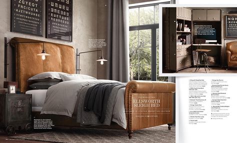 Restoration Hardware Bedroom Master, Leather Headboard Bedroom, Master Headboard, Leather Sleigh Bed, Guys Bedroom, Restoration Hardware Bedroom, Masculine Home, Inspirational Homes, Bed With Footboard