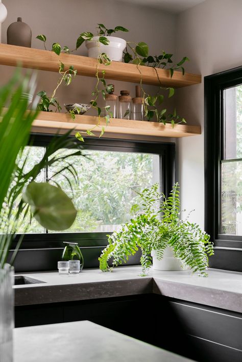 Introducing the Preston House - a calm and considered home in Melbourne's North, by Lauren Egan & Project 12 Architecture. The combination of light absorbing Laminex AbsoluteMatte Black, hand carved concrete benchtops and ceram tiles gives this kitchen a tactile, natural feel.

Design: Lauren Egan. Architecture: Project 12 Architecture. Styling: Ruth Welsby. Photography: Martina Gemmola. Black Benchtop Kitchen, Black Benchtop, True Neutral, Urban Kitchen, Kitchen Design Plans, Australian Homes, Sliding Glass Door, Beautiful Interiors, Preston