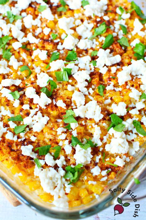 Street Corn Casserole (like ELOTE!) Elote Casserole, Mexican Corn Side Dish, Street Corn Casserole, Mexican Elote, Mexican Corn Recipes, Homemade Cream Corn, Mexican Street Corn Recipe, Street Corn Recipe, Corn Side Dish