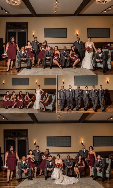 Wedding Colors Maroon, Gray Groomsmen, Gray Groomsmen Suits, Maroon Bridesmaid, Maroon Bridesmaid Dresses, Groomsmen Grey, Wedding Color Combinations, Maroon Wedding, Grey Wedding