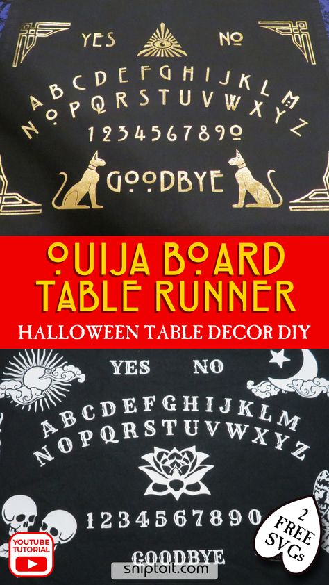 DIY Ouija board-themed table mats in art deco and classic styles for Halloween table decor, made using a Cricut machine Ouija Board Table, Diy Ouija Board, Halloween Setup, Halloween Table Decor, Diy Table Decor, Free Svgs, Halloween Table Decorations, Cricut Halloween, Ouija Board