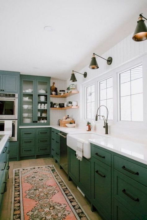 Are you thinking about adding a rug to your kitchen? Are you wondering how you should style a kitchen rug? Use our guide to get the most out of your kitchen space. Green Kitchen Designs, Серая Кухня, Kabinet Dapur, Green Kitchen Cabinets, Farmhouse Kitchen Cabinets, Kitchen Cabinets Makeover, Green Cabinets, Modern Farmhouse Kitchens, Interaction Design