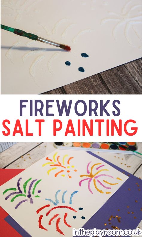 Salt Painting Art Fireworks - In The Playroom Summer Art Activities, Art Activity For Kids, New Year's Eve Crafts, Fourth Of July Crafts For Kids, Creative Art Activities, Fireworks Craft, New Year's Eve Activities, Salt Painting, Holiday Activities For Kids