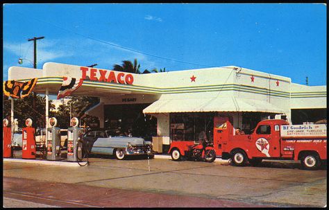 Texaco Gas Station, 1950's | 72nd Street & Abbott Ave., Miami Beach, Florida Texaco Gas Station, Texaco Vintage, Old Gas Pumps, Vintage Gas Pumps, Pompe A Essence, Station Service, Gas Service, Old Gas Stations, Petrol Station