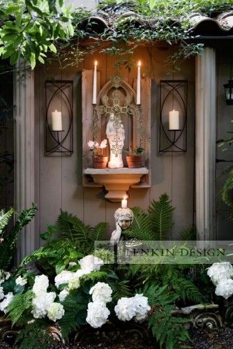 outside - prayer room  #religious #pinterestingdesign Outdoor Shrine, Marian Garden, Altar Ideas, Prayer Garden, Catholic Altar, Catholic Decor, Magic Garden, Home Altar, Traditional Landscape