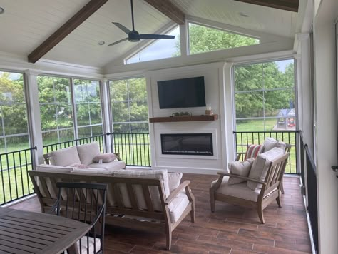 Screened Porch With Tv, Screened In Porch With Glass Windows, Four Season Porch With Fireplace, Screened In Porch With Gas Fireplace, Sun Porch Tv Room, Built On Sunroom, Screen Porch With Tv, 3 Season Porch Paint Colors, Walk Out Basement Screened In Porch