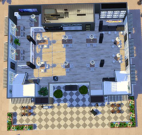 Símplice Restaurante - The Sims 4 The Sims 4 Builds Ideas, The Sims 4 Restaurant Ideas, Sims 4 Restaurant Layout, Sims 4 Restaurant, Lotes The Sims 4, Restaurant Layout, Simple Cafe, Restaurant Plan, The Sims 4 Lots