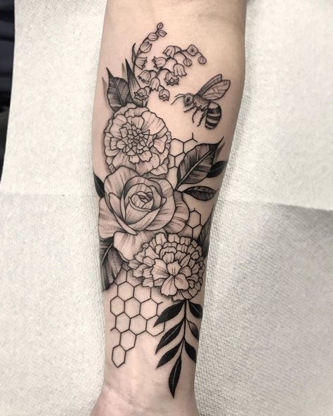 Bee And Floral Tattoo, Flowers With Bees Tattoo, Bee Tattoo Forearm, Flower Arm Sleeve Tattoos For Women, Bee Floral Tattoo, Honeycomb Half Sleeve Tattoo, Feminine Tattoo Sleeves Non Floral, Flower Tattoos With Bees, Floral Filler Tattoo