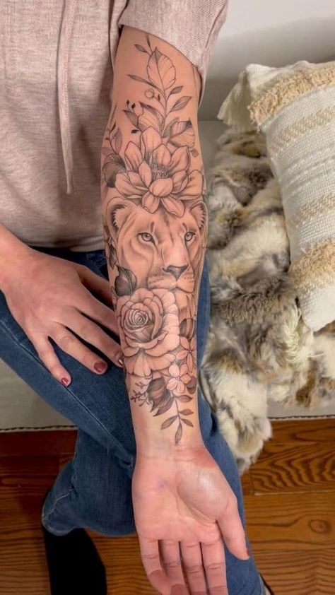 120 Pretty And Girly Half-Sleeve Tattoo Ideas For Females Animal Tattoos For Women, Half Sleeve Tattoos Forearm, Arm Sleeve Tattoos For Women, Quarter Sleeve Tattoos, Lioness Tattoo, Forarm Tattoos, Tattoos For Women Flowers, Tattoos For Women Half Sleeve, Forearm Sleeve Tattoos