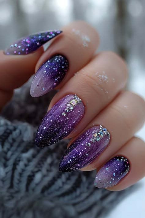 A dark purple base with scattered silver and white glitter for a starry night effect. Purple And Silver Glitter Nails, Dark Purple Sparkly Nails, Dark Purple Glitter Nails, Purple Sparkly Nails, Purple And Silver Nails, Night Nails, Dark Purple Nails, Purple Glitter Nails, Pastel Nails Designs