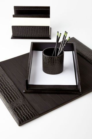 Play up your workspace with these office-friendly accessories: Desk Accessories Chic, Leather Desk Accessories, Home Interior Accessories, Chic Desk, Dining Room Contemporary, Desk Clocks, Leather Desk, Desk Accessories Office, Crocodile Print