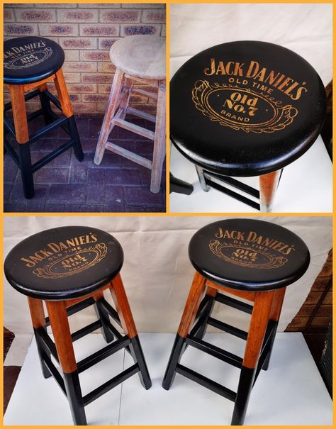 Jack Daniels Bar Ideas, Jack Daniels Kitchen Theme, Jack Daniels Crafts, Jack Daniels Furniture, Harley Davidson Diy Projects, Jack Daniels Bar, Man Cave Bar Stools, Diy Bar Ideas, Jack Daniels Decor