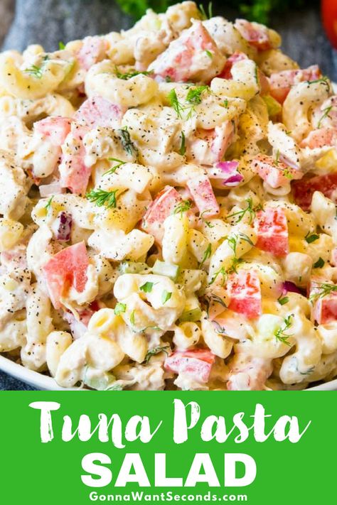 Our Tuna Pasta Salad, made with creamy dressing, fresh vegetables, and fresh herbs, is a true summer table staple. Works perfectly as a main dish or a side! #Tuna #Pasta #Salad #Cold #Easy #Best #Mayonnaise #Creamy #Classic #Simple #Dinner #GreekYogurt #Dill #Canned #Light #Celery #Traditional #MainDishes #Tomato #MealPrep #AppleCider #Vinegar #ComfortFoods Pasta Tuna Salad, Pasta Tuna, Tuna Dishes, Tuna Pasta Salad, What Is Healthy Food, Tuna Salad Pasta, Healthy Food Menu, Creamy Dressing, Tuna Pasta