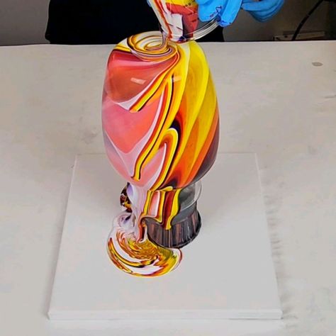 Warm Acrylic Pour on A Vase | Acrylic pours on vases are probably my favorite! | By Mixed Media Girl Acrylic Pouring On Glass Vase, Tiger Orange, Resin Vase, Orange Tiger, Acrylic Painting Diy, Dutch Pour, Painted Vase, Fluid Acrylic Painting, Acrylic Pouring Art