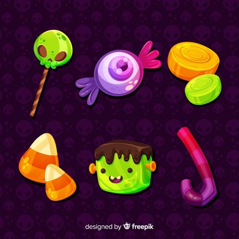 Flat halloween candy collection Free Vec... | Free Vector #Freepik #freevector #party #design #halloween #skull Halloween Candy Art, Spooky Symbols, Halloween Objects, Spooky Candy, Scary Characters, Dulces Halloween, Candy Games, Vector Game, Halloween Templates