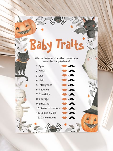 Fall Halloween Pumpkin Baby Traits Shower Game Autumn Cute Ghost Pumpkin Halloween Baby Shower Game Ghost Baby Shower Ideas, Guess The Baby Food Game, Baby Food Game, October Baby Showers, Food Game, Halloween Baby Shower Theme, October Baby, Candy Games, Pumpkin Baby