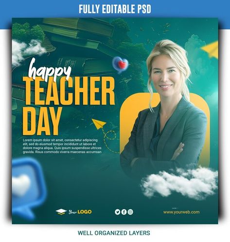 Happy Teacher Day, Happy Teacher, Teacher Day, Day Background, Teacher Design, Learning Graphic Design, Happy Teachers Day, Teachers Day, Graphic Resources