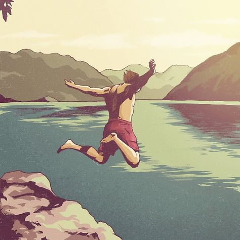 Cliff jumping Someone Jumping Off A Cliff, Bungee Jumping Tattoo, Jumping Off Cliff Drawing, Cliff Tattoo, Cliff Drawing, Cliffs Tattoo, Jumping Illustration, Summer Scenery, House Artwork