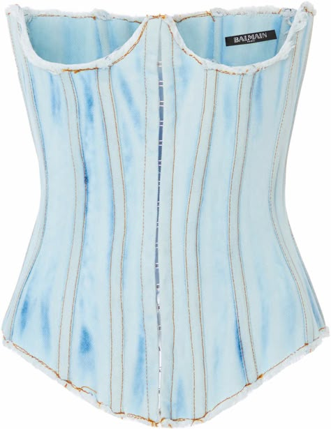 Balmain Bleached Denim Corset Top Christophe Decarnin, Fashion Terminology, Cloth Collection, Polyvore Items, Balmain Fashion, Balmain Collection, Denim Corset Top, Denim Inspiration, Denim Ideas