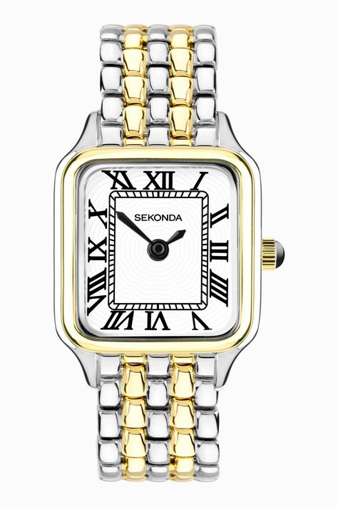 This watch fastens with a two tone, gold and silver plated alloy bracelet. The watch has a large rectangular two tone gold and silver plated alloy case housing a white dial. Gold And Silver Watch, Silver Watches Women, Watch Trends, Mixed Metal Jewelry, White Dial, Pretty Jewellery, Metal Jewelry, Gold And Silver, Gold Watch