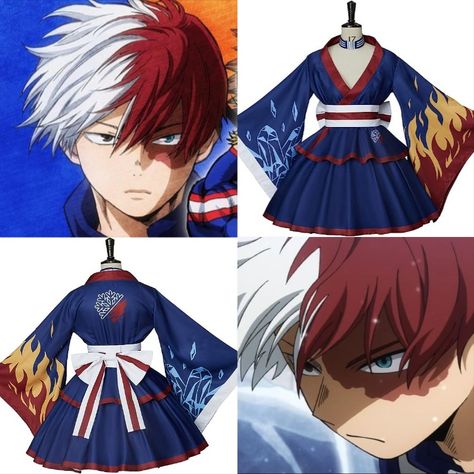 MHA Shoto Todoroki Cosplay Kimono Dress, is made of high-quality polyester fiber, breathable, and soft. Comes with a top, skirt, and belt. Comes in 7 different sizes. Perfect for anime conventions like Comic Con, Anime Expo, and can be worn as a Halloween costume. Click on link to view item! Hero Costume Ideas Women, Anime Convention Outfits, Mha Clothes, Kimono Dress Outfit, Comic Con Outfits, Todoroki Cosplay, Convention Outfits, Cute Kimonos, My Hero Academia Cosplay