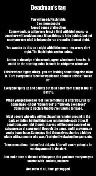 Deadmans tag.... scary as hell but also very interesting. Anyone up for this? Fugitive Game, Scary Games To Play, Party Games Ideas, Creepy Games, Teen Party Games, Slumber Party Games, Girl Sleepover, Scary Games, Mr T