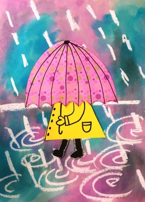 Grade 1 Art, Winter Art Lesson, Weather Art, Rain Art, Classroom Art Projects, Umbrella Art, Art Exhibit, Elementary Art Projects, Art Activities For Kids