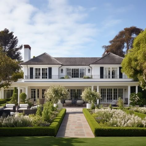 Colonial House Garden, White Colonial Exterior, White House With Black Shutters, Colonial Beach House, Modern Colonial Exterior, Modern French Country Exterior, House With Black Shutters, White Colonial House, Colonial House Exterior