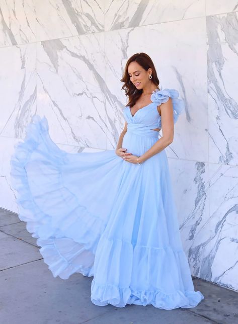 Blue Maturity Dress, Gender Reveal Party Dress, Gender Reveal Dress Ideas For Mom, Gender Reveal Mom Outfit, Gender Reveal Dress Ideas, Blue Fitted Maternity Dress For Party, Gender Reveal Dresses For Mom, Elegant Blue Maternity Gown, Gender Reveal Outfit For Mom