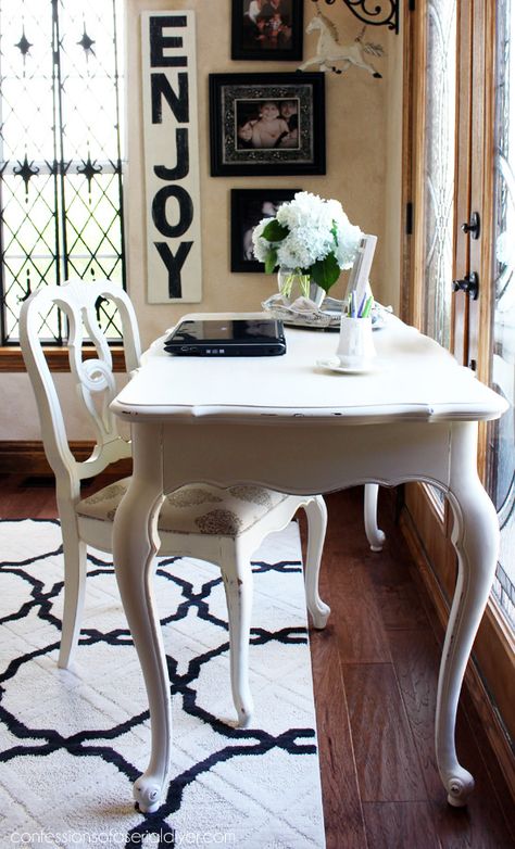 French Provincial Desk Made over with Cottage White paint by Behr (made into DIY chalk paint) from Confessions of a Serial Do-it-Yourselfer French Provincial Kitchen Cabinets, French Provincial Decor Living Room, French Provincial Desk Makeover, Cottage White Paint, Antique White Bedroom Furniture, French Provincial Desk, French Provincial Decor, Country Cottage Interiors, Cottage Interior Design