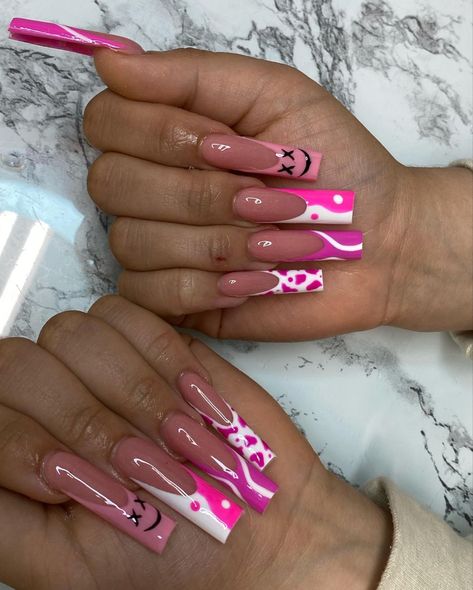 Nails Design For Dark Skin, Blue Black And White Nails, Baddie Nail Ideas, Pink Nails Design, Acrylic Nails Long, Nails Long Square, Nail Inspired, Acrylics Nails, Birthday Nail