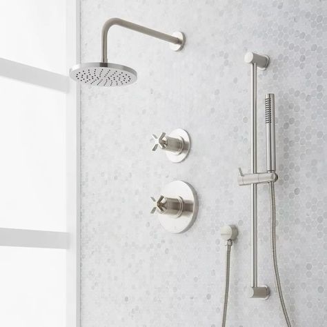 Signature Hardware PRESSURE BALANCE SHOWER SYSTEM WITH SLIDE BAR AND HAND SHOWER BRUSHED NICKEL | Ferguson Silver Shower Head, Handheld Shower Head With Slide Bar, Brushed Nickel Shower Fixtures, Silver Bathroom Fixtures, Brushed Nickel Bathroom Fixtures, Nickel Bathroom Fixtures, Railings Design, Small Bath Ideas, Classic Bathroom Tile