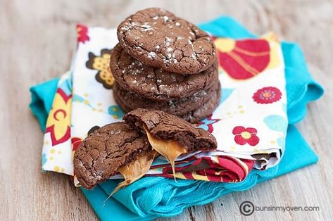 Rolo Cake Mix Cookies — Buns In My Oven Devils Food Cookies, Rolo Cake, Bbq Dessert, Rolo Cookies, Buns In My Oven, Chewy Chocolate Cookies, Devils Food Cake Mix Recipe, Food Cookies, Cake Mix Cookie Recipes