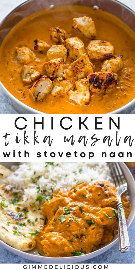 Easy Homemade Chicken Tikka Masala with quick homemade naan is creamy, spicy, and flavor packed! This delicious dish is made in just 30 minutes and paired with soft & fluffy homemade naan that are also super easy to make on the stovetop! Authentic Chicken Tikka Masala, Tandoori Chicken Bowl, Chicken Tikka Masala Recipes Easy, Chicken Tikki Recipes, Authentic Tikka Masala Recipe, Chicken Tikka Marsala, Tikki Masala Chicken, Coconut Chicken Tikka Masala, Chicken Tiki Masala