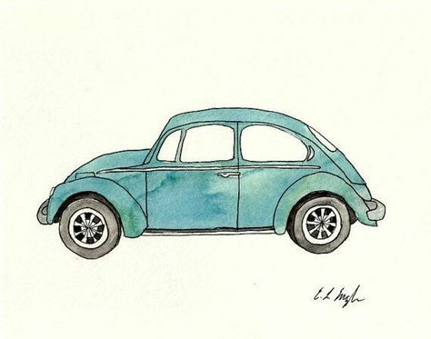 Auto Illustration, Volkswagen Beetle Vintage, Sainte Chapelle Paris, Beetle Car, Car Drawing, Volkswagen Car, Watercolor Paints, Painting Blue, Car Illustration