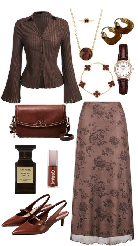 #explore #aesthetic #outfit #chocolate #brown #modest #hijabi #pinterest #fyp #tiktok #ootd #fashion #fenty #tomford #money #rich #oldmoney #collage #bear #lanadelray #coquette #femme Skirt Outfits Modest Classy, Aesthetic Outfits Modest, Brown Outfit Aesthetic, Brown Skirt Outfit, Convention Outfits, Stylish Outfits Casual, Explore Aesthetic, Money Rich, Cute Modest Outfits