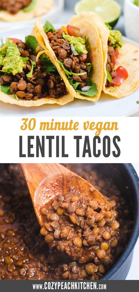 Lentil Tacos Recipes, Lentil Tacos, Vegan Lentil, Vegetarian Tacos, Easy Vegan Dinner, Vegan Tacos, Lentil Recipes, Taco Meat, Quick Weeknight Meals