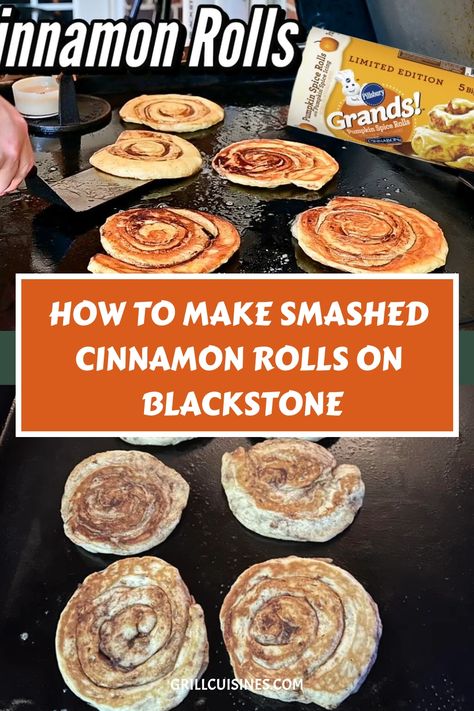 Get my tips and tricks to make the perfect smashed Pillsbury cinnamon roll pancakes that your whole family will be asking you to make again and again! Have you ever had Smashed Blackstone Cinnamon Rolls? Here is a way to make cinnamon rolls on a Blackstone flat top grill. When you make them once, you'll be doing it again and again.#campingrecipes#griddle#blackstonerecipes Camping Meals On Griddle, Music Festival Camping Meals, Smash Cinnamon Roll Blackstone, Blackstone Cinnamon Rolls, Blackstone Camping Meals Breakfast, Cinnamon Roll Pancakes With Pillsbury, Griddle Cinnamon Rolls, Camping Cinnamon Rolls, Blackstone Pancakes