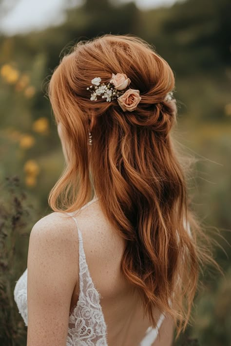 For fall weddings, these 40+ elegant ginger bridal hairstyles are a perfect fit. Embrace the season with warm tones and beautiful, classic styles made for autumn brides. #fallwedding #gingerhairideas #autumnbride Wedding Hair Strawberry Blonde, Wedding Hairstyles For Red Hair, Half Up Half Down Wedding Hair With Flowers, Wedding Hair Redhead, Ginger Wedding Hair, Ginger Bride, Fall Wedding Hair Pieces, Blonde And Brunette Hair, Autumn Wedding Hair