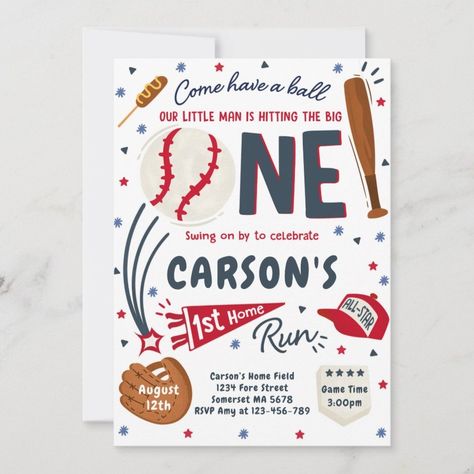 Baseball 1st Home Run Birthday Party Invitation  Zazzle 1 Year Birthday Party Ideas, Birthday Invitations Zazzle, Baseball Birthday Invitations, 1st Home, Baseball First Birthday, Star Birthday Party, Baseball Birthday Party, 1st Birthday Party Invitations, Baseball Party