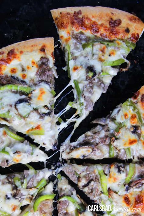 the BEST Philly Cheesesteak Pizza (how to freeze, make ahead, etc) Cheese Steak Pizza, Philly Cheesesteak Pizza, Philly Cheese Steak Pizza, Cheesesteak Pizza, Steak Marinated, Perfect Homemade Pizza, Homemade Pizza Dough Easy, Best Pizza Dough Recipe, Steak Pizza