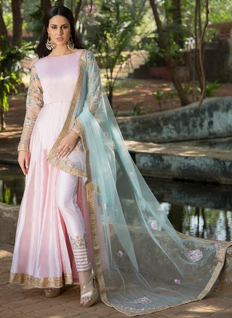 Light Pink and Blue Pant Style Anarkali features a dhupioni silk anarkali, lycra bottom and embroidered net dupatta. Zari, lace and stone embellishments are present on this style. Pink Frock Design, Lehanga Styles, Pink Pakistani Dress, Pink Dress Design, Pink Frock, Luxurious Outfits, Uncanny Avengers, Eid Fashion, Kurta Pants