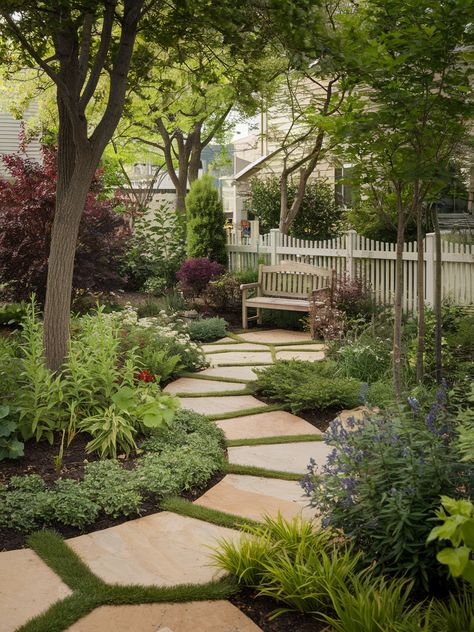 Transform your garden with a charming pathway! Imagine winding through lush foliage and resting on a wooden bench. Your oasis awaits!  Share your garden dreams with us and tag a friend who needs some inspiration! 🌿💚 . #homeandgarden #betterhomesandgardens #homegardening #homesandgardens #homegarden #gardenhome #gardeningathome #flowers #plants #beautifulflowers Front Walkway Ideas Entrance Pathways, Side Garden Walkway, Front Walkway Ideas, Stunning Gardens, Pathway Garden, Investment House, Winding Path, Garden Of Flowers, Garden Pathways