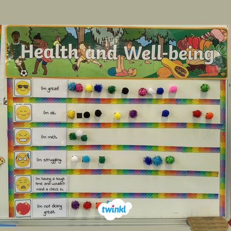 🌈😊 Wellbeing Wall! 🌈😊 This poster is such a great way of encouraging health and wellbeing in your class. Each pupil has their name on the back of a magnet so they can anonymously check in each day. Why not put one up in the staff room for the teachers to use too? 💙 Visit Twinkl Create to make your own custom display walls! #wellbeing #classroominspiration #studentwellbeing #teacherwellbeing #mentalhealthawareness #classroomdecor #classroomorganization #twinkl #twinklresources Staff Wellbeing Ideas, Display Board Ideas, Staff Wellbeing, Wellbeing Activities, Mental Health Activities, Class Displays, Staff Room, Health Activities, School Displays