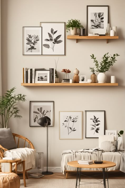 Bedroom Wall Decor Plants, Wall Design Inspiration, Floating Shelves Above Cabinet, Living Room Side Wall Decor Ideas, Nature Modern Living Room, Minimal Home Decor Living Room, Wall Grouping Ideas Living Room, Shelf Wall Living Room, Bedroom Picture Wall Ideas