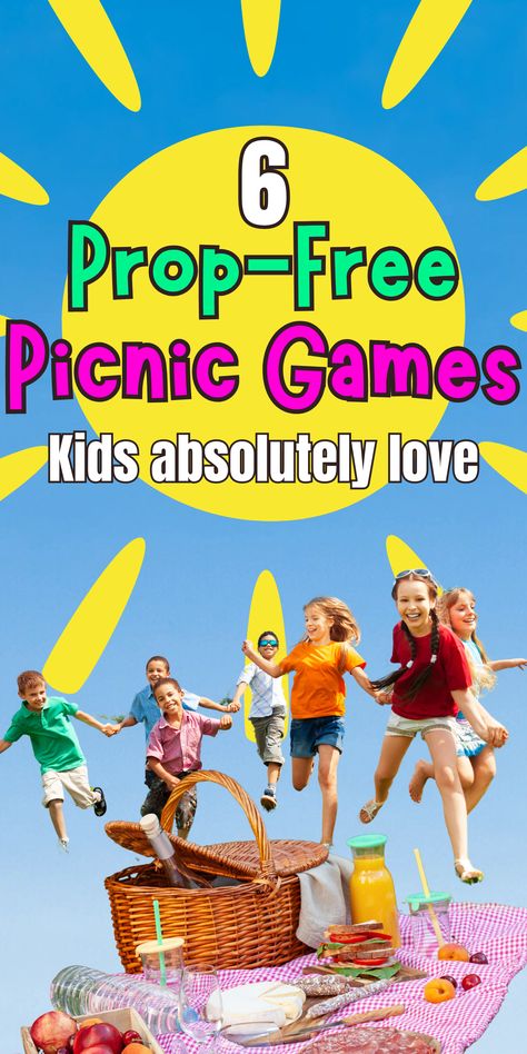 Make sure everyone has fun when you go on your next family picnic or picnic with a group of friends by setting up some of these six brilliantly fun easy picnic games that kids love to play. These are low or no prep, prop-free party games to keep kids amused at a picnic party so that they adults can also relax and have fun whilst the kids are happily playing, running around and active. Summer bucket list, outdoor kids games, fun games to play outdoors, picnic party games for kids, kids games fun Picnic Ideas For Friends Games, Games To Play At A Picnic, Family Picnic Games Activities, Picnic Games Ideas For Friends, Games For Picnic Ideas, Family Games Picnics, Fun Picnic Activities, Park Party Games, Picnic Activities For Kids