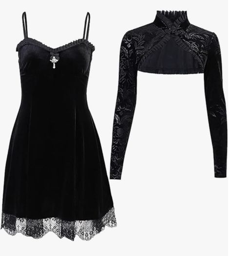 Black Velvet Dress with Lace and Cropped Over Shirt Goth Dress Aesthetic, Alt Dresses, Cute Grunge Outfits, Alt Dress, Black Goth Dress, Grunge Dresses, Goth Dresses, Chic Bodycon Dress, Harajuku Dress