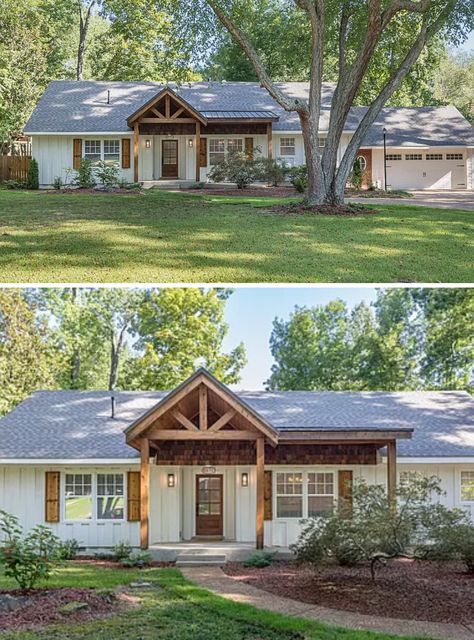 Cream Colored Ranch House Exterior, One Story Brick House Exterior, Exterior Makeover Ranch, Cottage Ranch Style Homes, White Washed Brick Ranch House, Red Brick House Exterior Makeover Ranch Style, Ranch Home Exterior Colors, Sage Ranch House Exterior, Ranch Cottage Style Homes