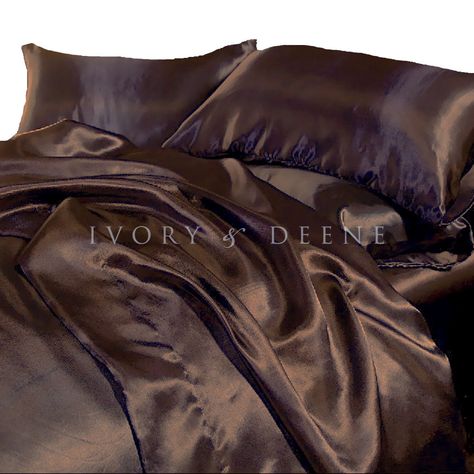 Satin Bedding Aesthetic, Dark Dorm Room Aesthetic, Brown Bed Sheets, Satin Bed Sheets, Brown Silk Bedding, Black Silk Sheets Aesthetic, Brown Silk Sheets, Black Satin Bed Set, Black Satin Sheets Aesthetic